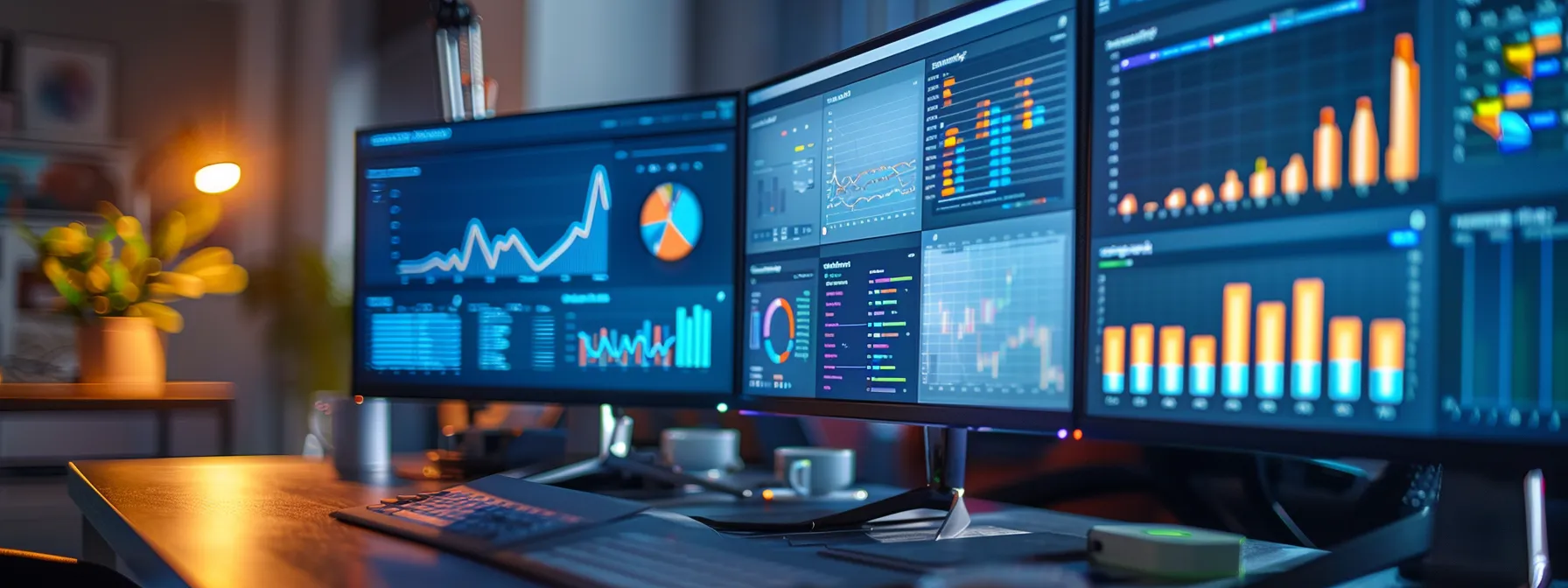a futuristic office setting showcases sleek computer screens displaying dynamic graphs and analytics dashboards, illuminated by soft, ambient lighting that emphasizes advanced ai-driven enterprise seo software in action.