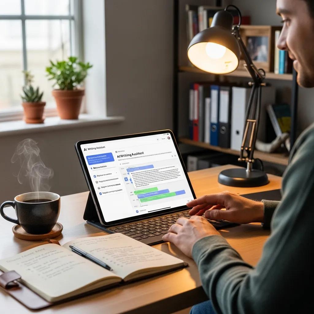 Person using an AI writing assistant on a tablet in a cozy workspace, highlighting productivity and creativity