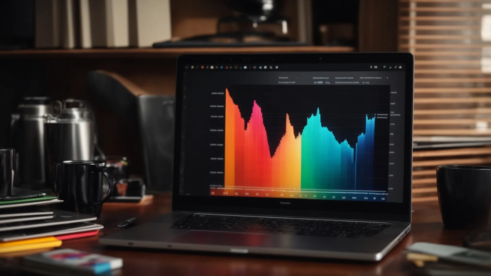 a laptop on a desk displaying a colorful graph, surrounded by notes and a coffee cup.