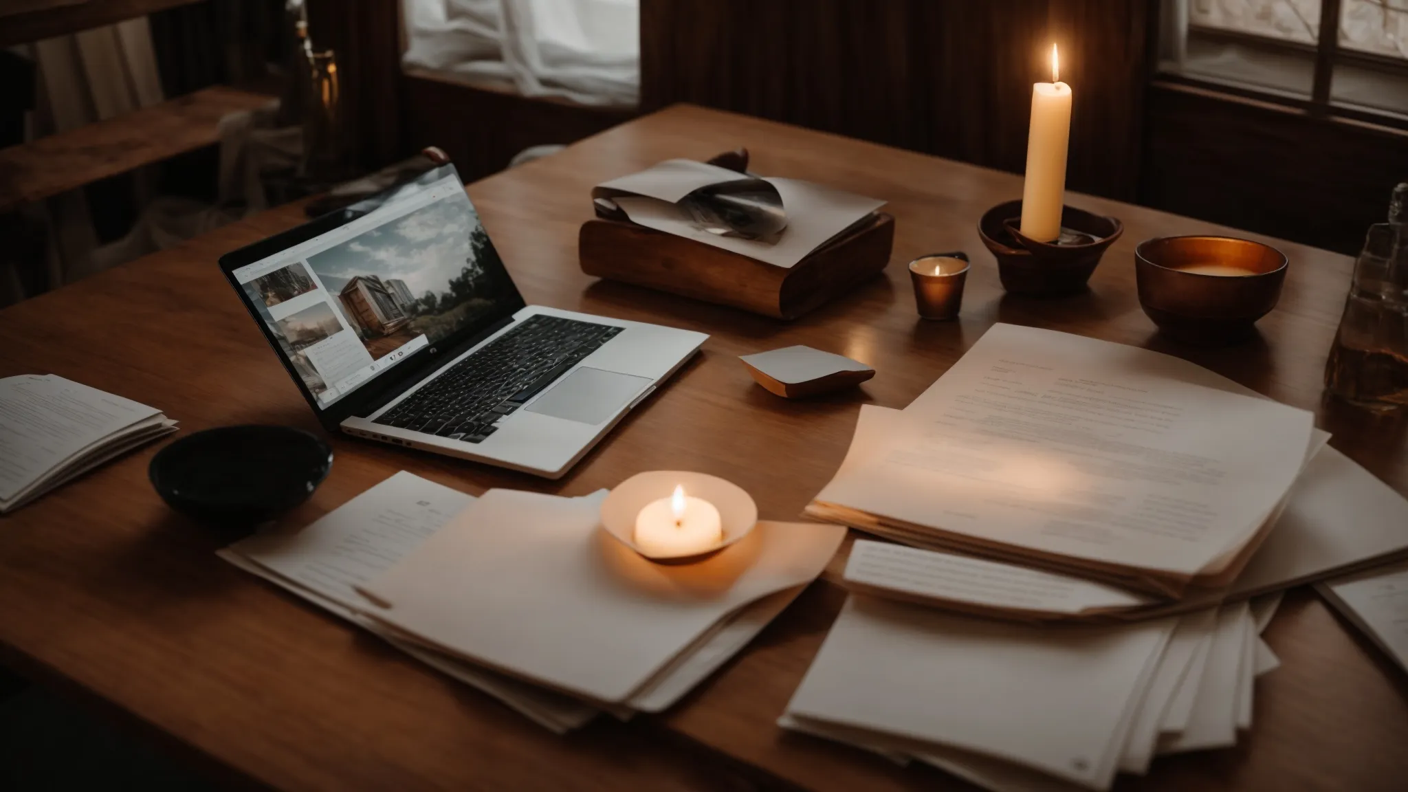a laptop open on a vintage wooden desk surrounded by scattered sheets of paper and a lit candle.