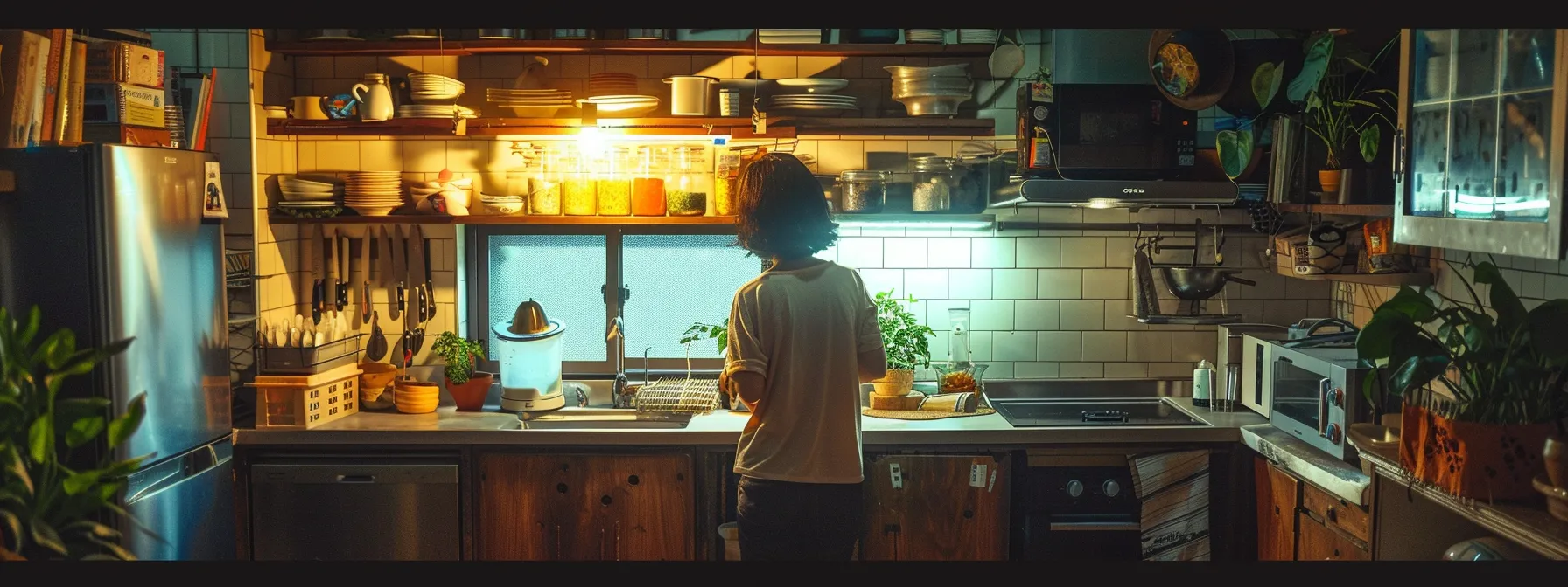 a person standing in a kitchen filled with energy-efficient appliances and led lighting, surrounded by sustainable materials and items.