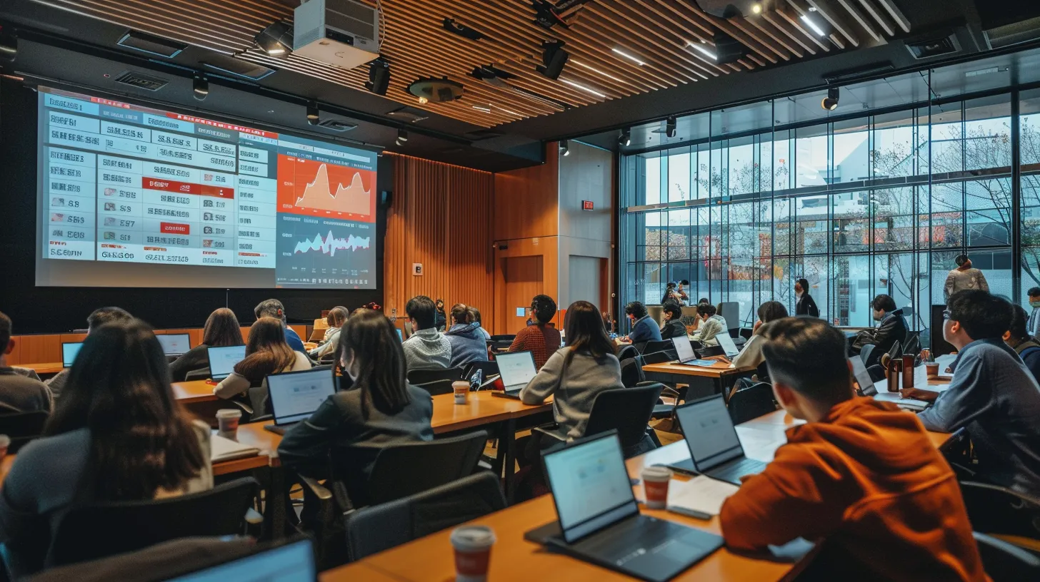 a dynamic classroom setting filled with engaged investors participating in a lively workshop, surrounded by charts and market data displays, under warm, inviting lighting that fosters a sense of collaborative learning and growth.