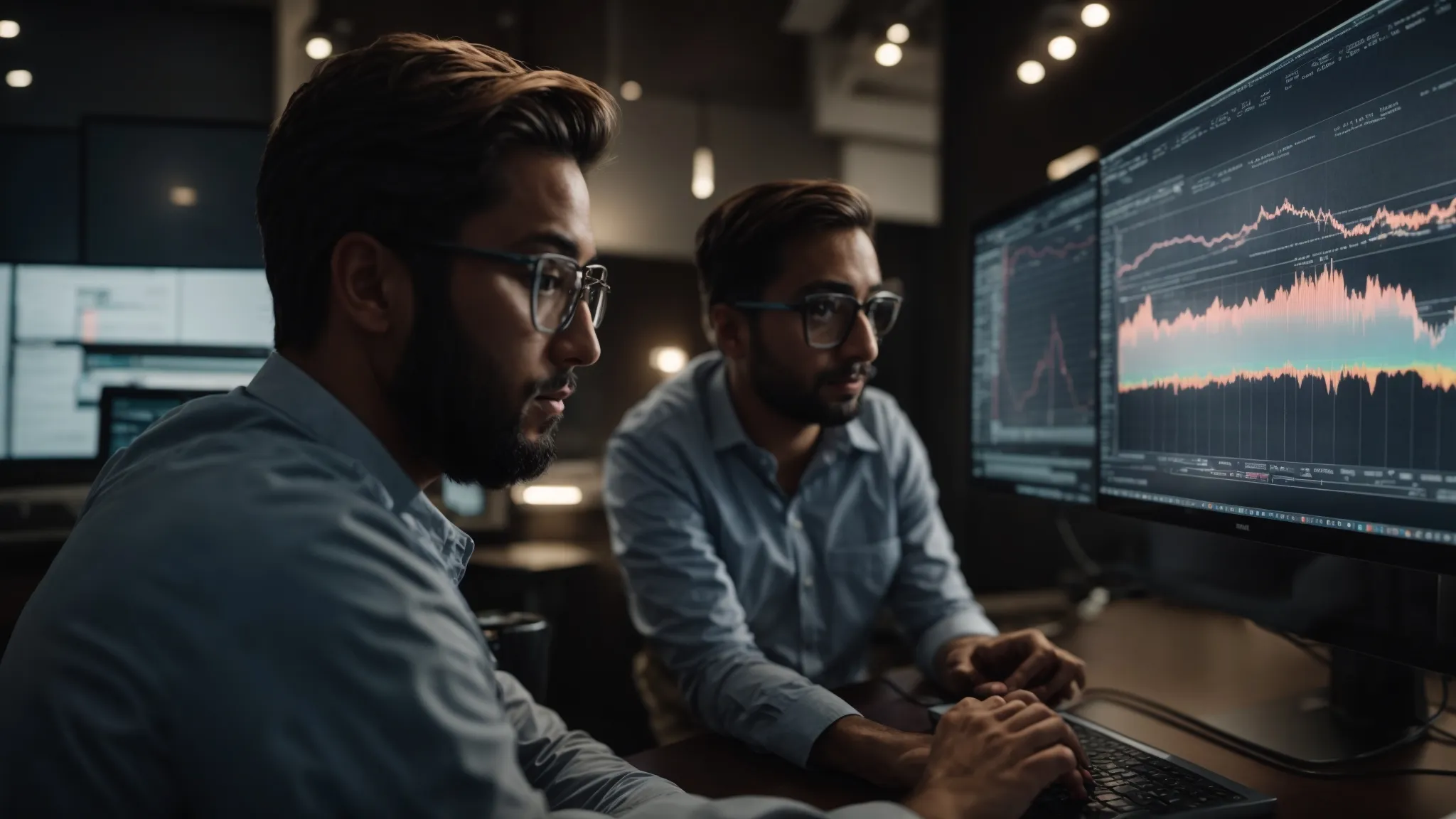 two professionals analyze data on a computer screen, illustrating website traffic growth.