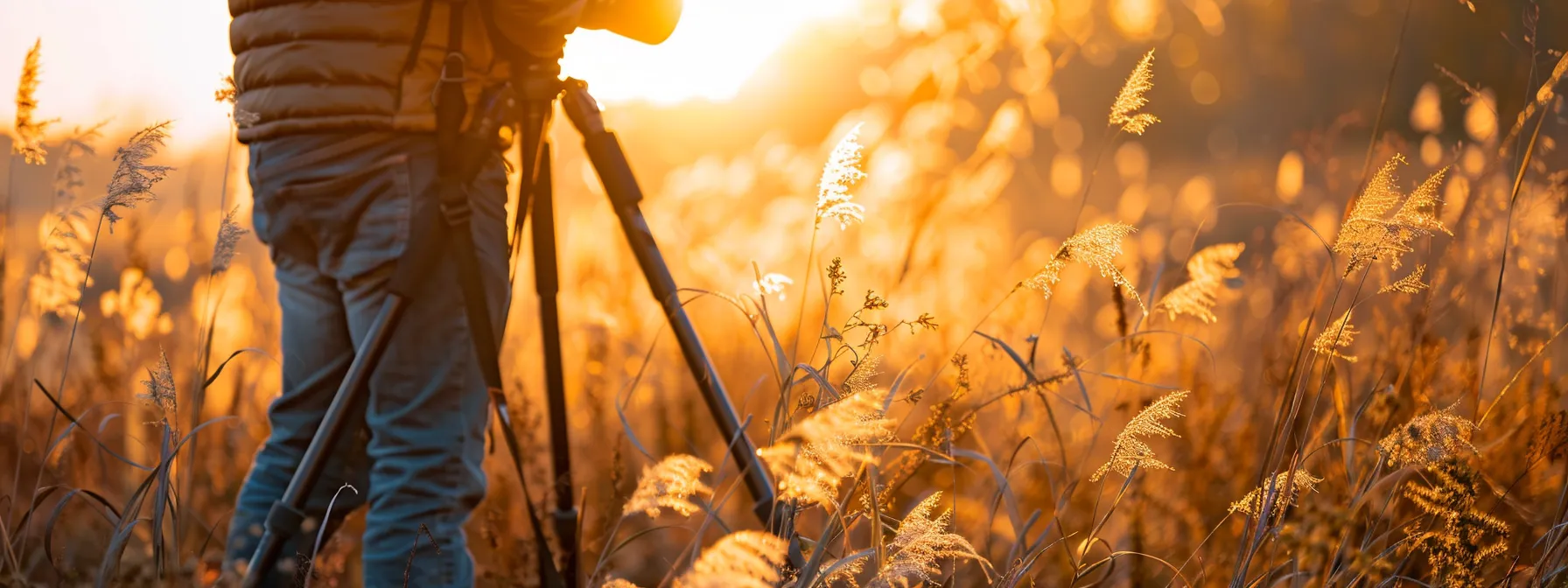 a photographer adjusts the height of their tripod for comfortable shooting in the field.