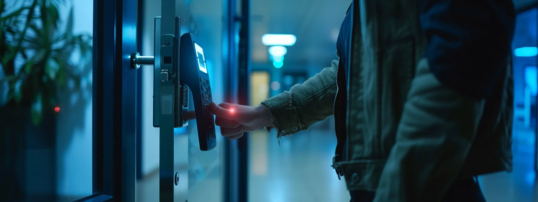 an employee entering a secure office building using a key fob and fingerprint scanner for multi-factor authentication.