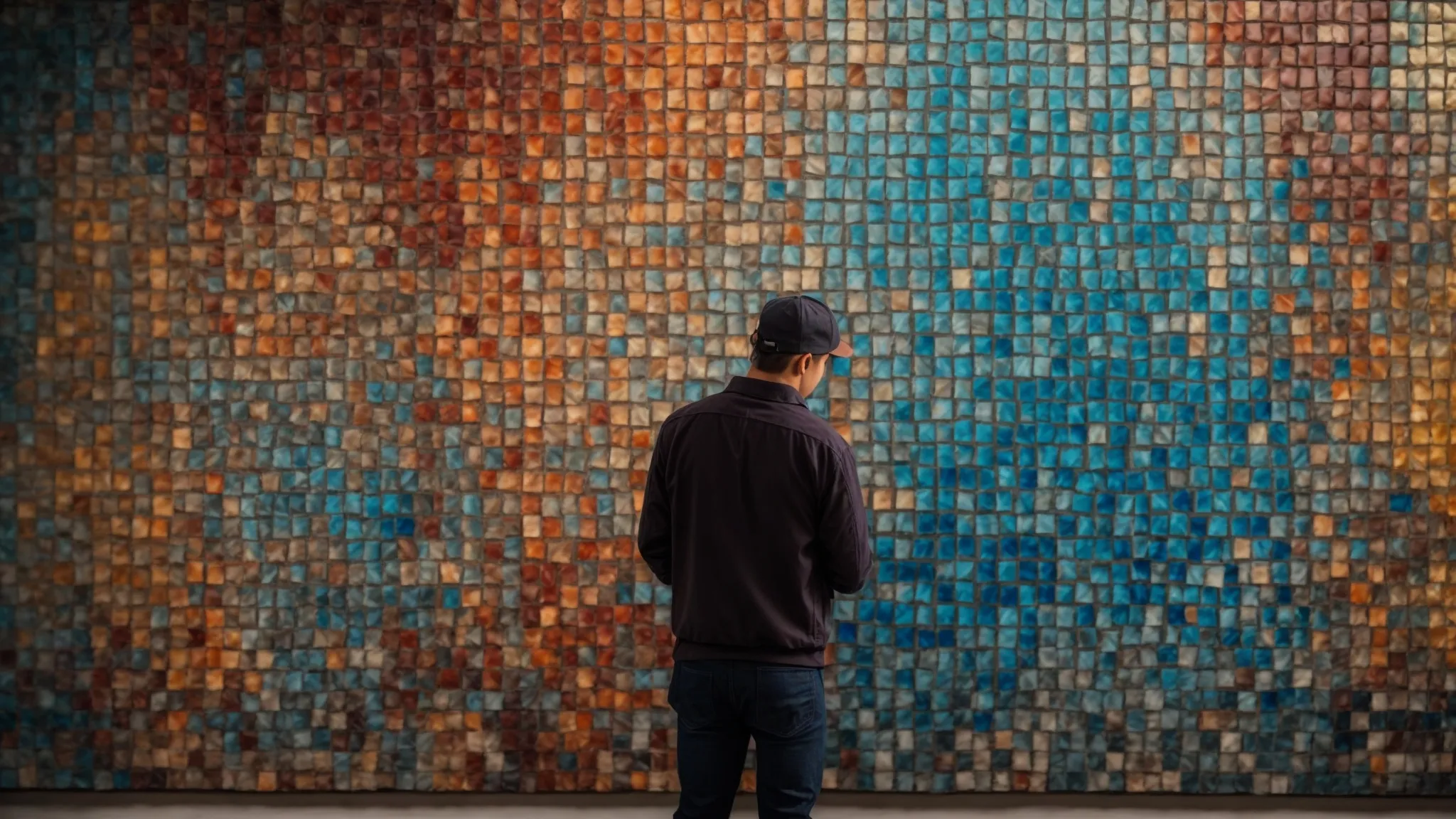 a craftsman meticulously arranging colorful mosaic tiles on a large canvas.