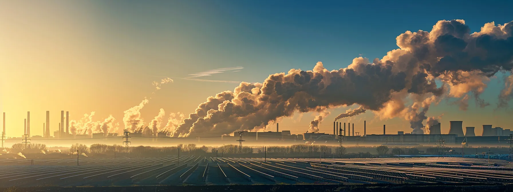 a vibrant solar panel farm under a clear blue sky, contrasting with a backdrop of billowing smokestacks emitting thick, black pollution clouds.