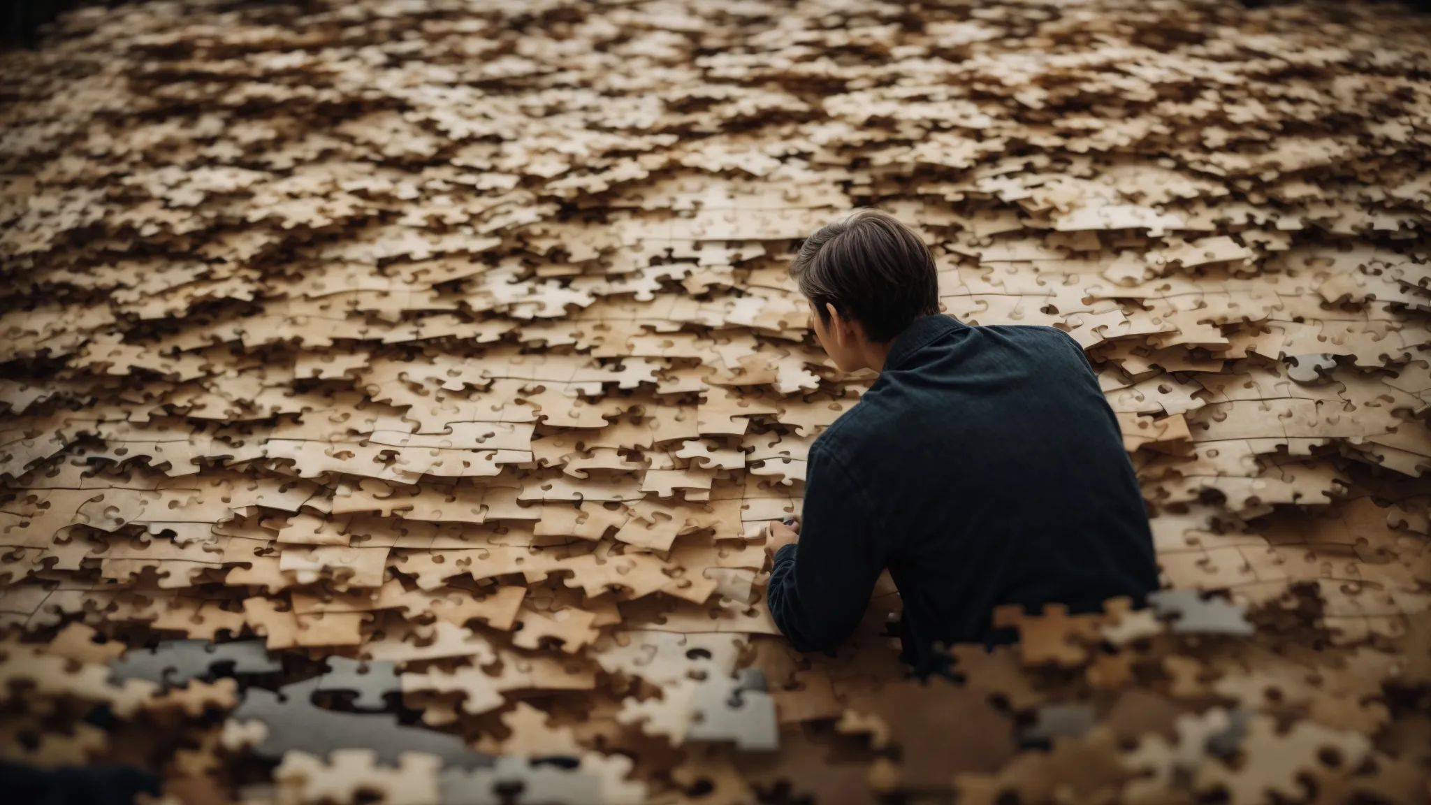 a person is intently examining a large puzzle, methodically fitting smaller pieces together.