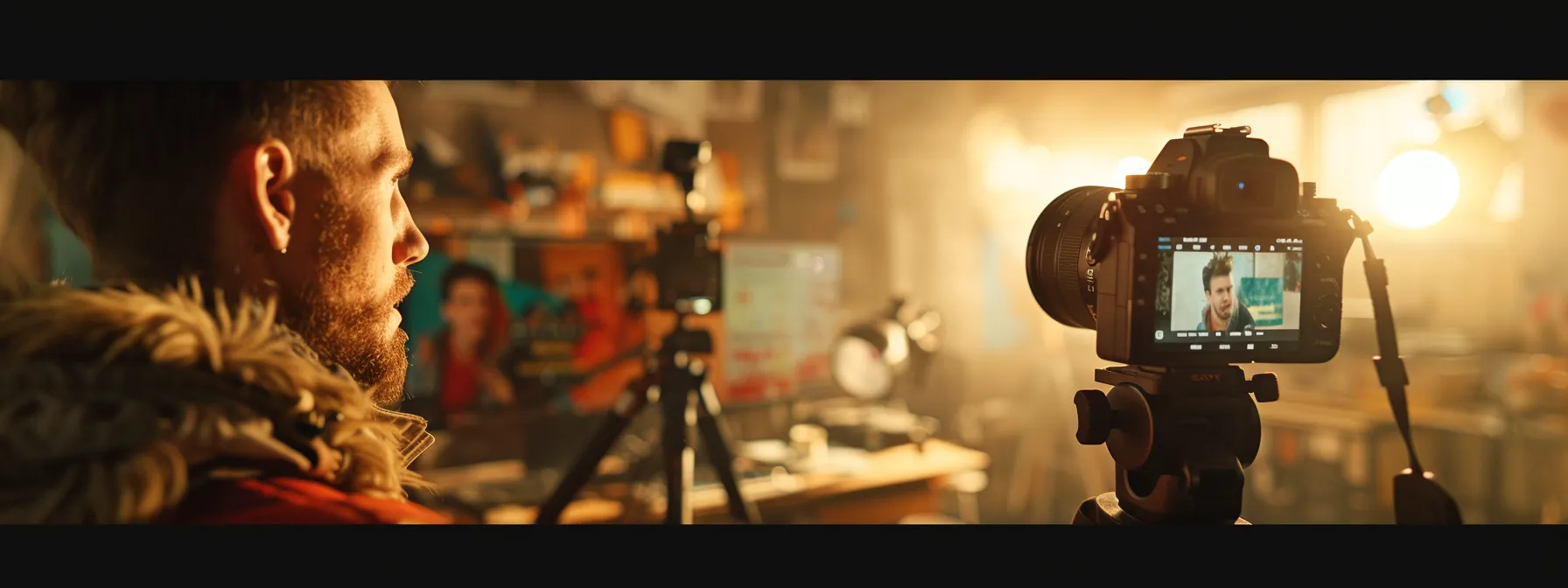 a youtuber filming a video with a clear, concise outline, utilizing pattern interrupts and strategic information placement to maximize viewer engagement.