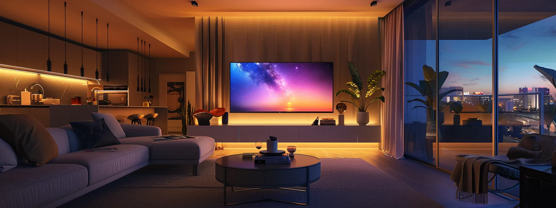 a modern living room with a sleek smart tv as the focal point, surrounded by hidden tech features and customizable ambient lighting.