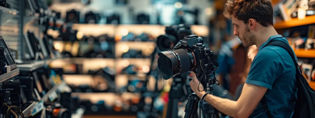a photographer comparing different tripods in a camera store.