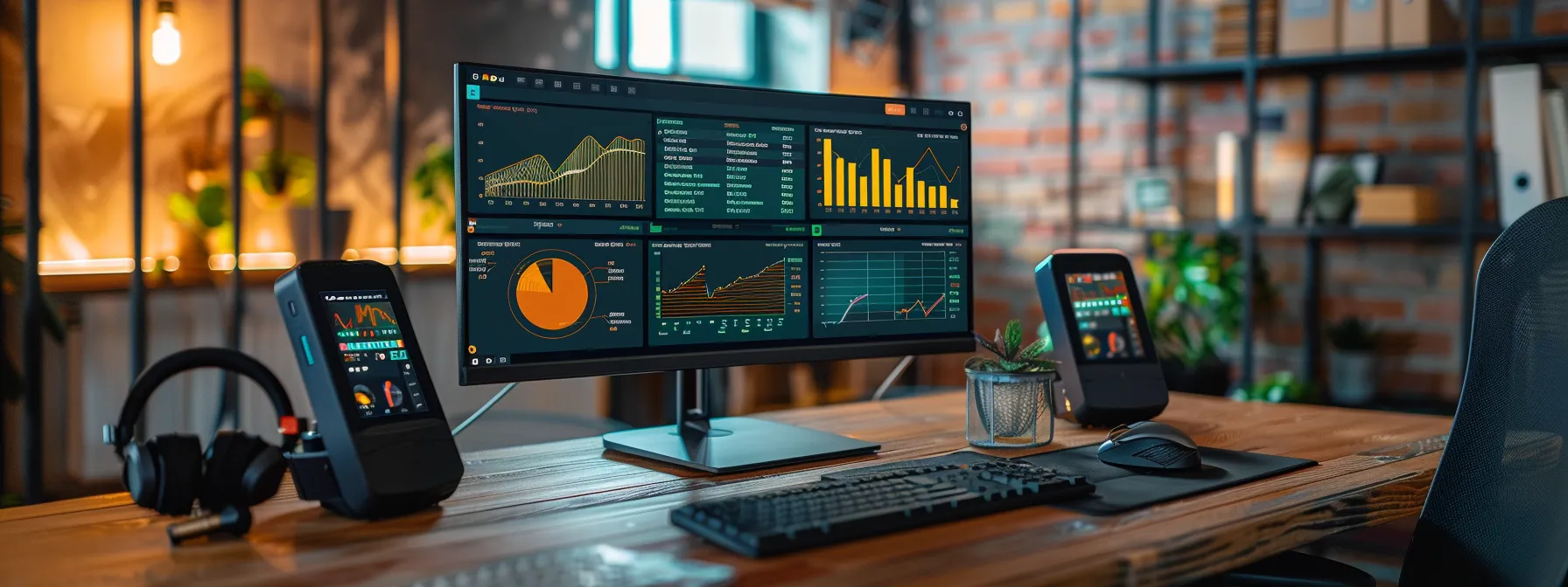 a vibrant workspace featuring a sleek computer monitor displaying advanced seo analytics and metadata management tools, illuminated by soft, focused lighting to emphasize a productive atmosphere.