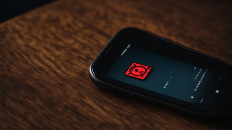 a smartphone displaying a warning symbol on its screen resting on a wooden surface.