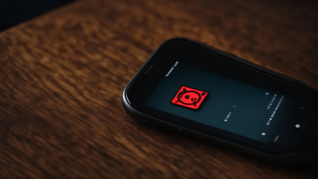 a smartphone displaying a warning symbol on its screen resting on a wooden surface.