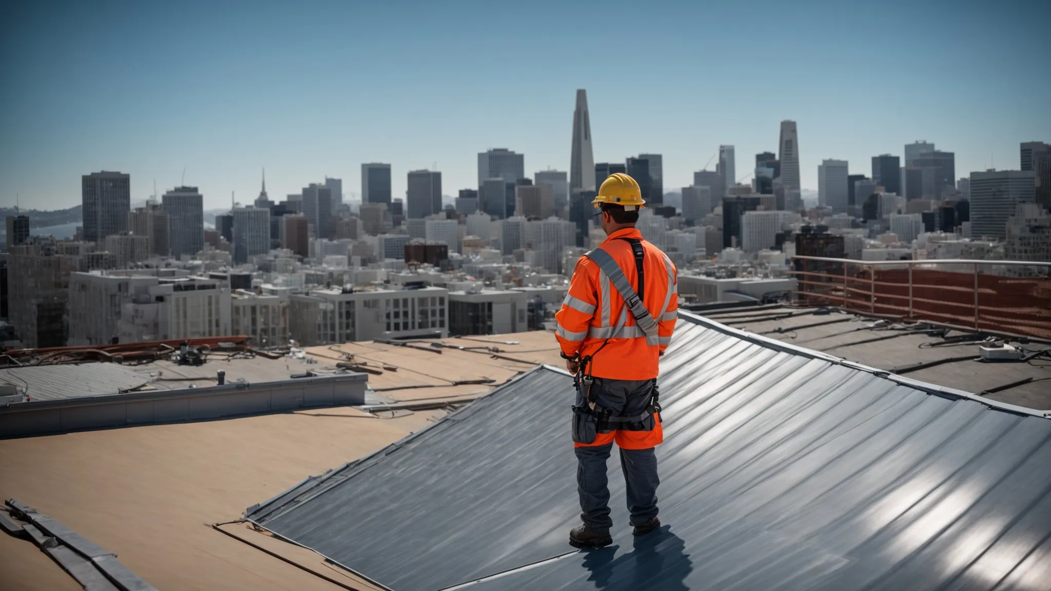 a professional roofing contractor in safety gear carefully inspects a vibrant san francisco skyline, emphasizing the meticulous assessment of tile accessibility and compliance for commercial roof installations under a bright blue sky.