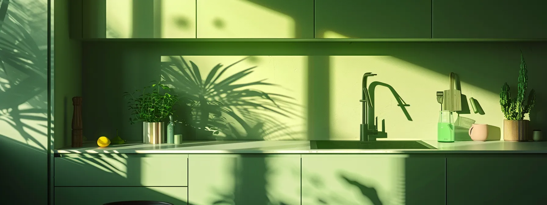 a minimalist green kitchen with modern aluminium accents and resin-based elements, exuding a timeless and sustainable design aesthetic.