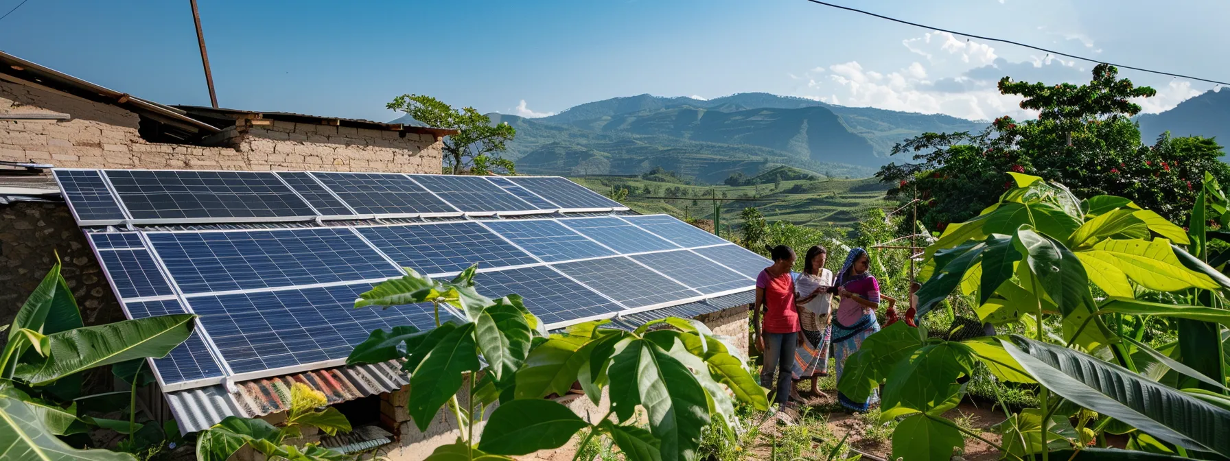a sunlit rooftop covered in solar panels with a family enjoying clean water from a sustainable source in the background.