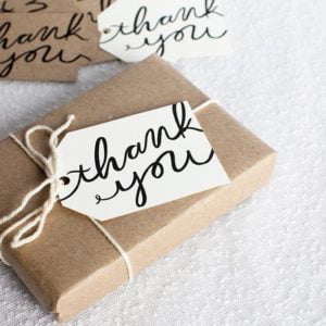 a brown paper bag with text