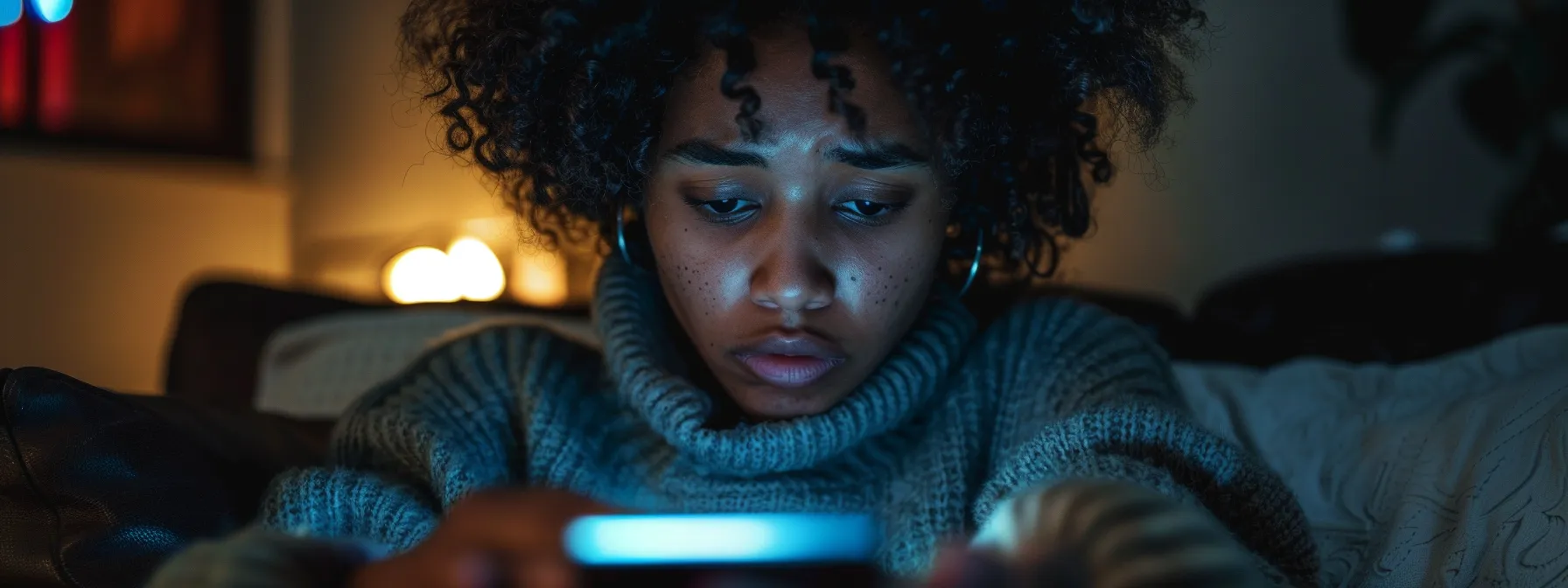 a person with a worried expression looking at their phone with a sense of urgency.