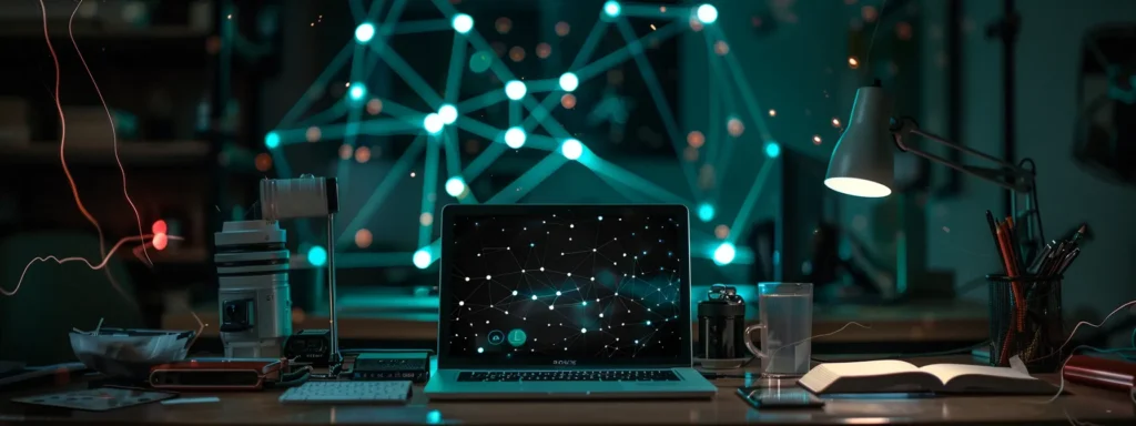 a laptop surrounded by a web of interconnected links, symbolizing the key to unlocking saas growth through effective link building techniques.