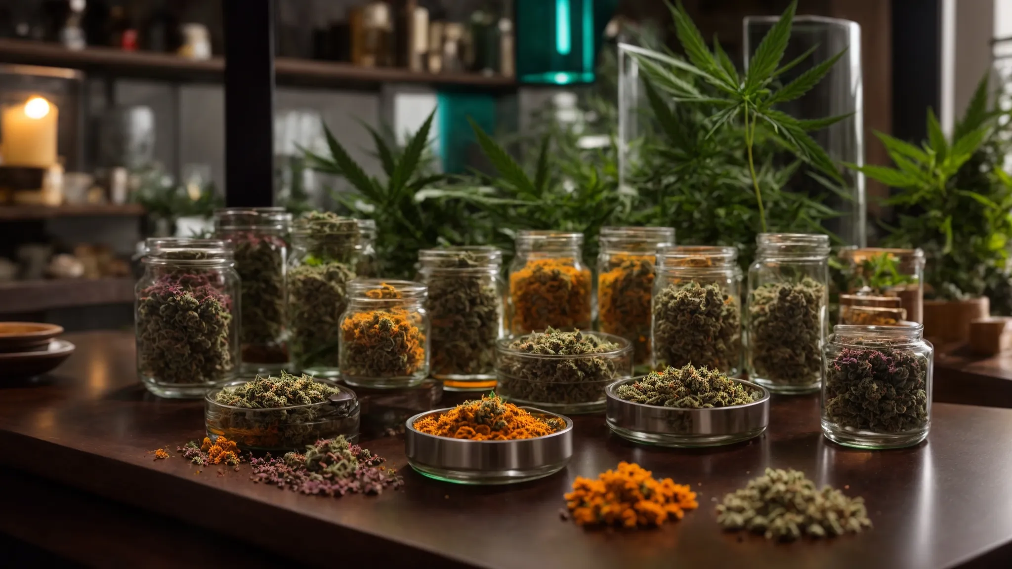 a colorful display of various cannabis strains spread out on a sleek, modern glass table under warm, ambient lighting.