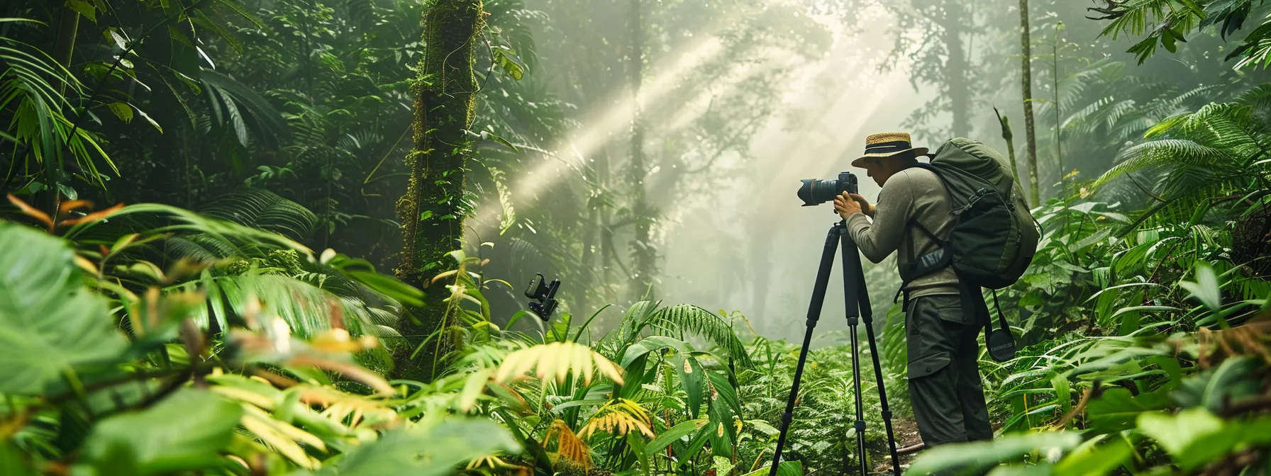 a photographer standing in a lush green forest, adjusting a sturdy carbon fibre tripod as they prepare to capture an elusive wildlife moment.