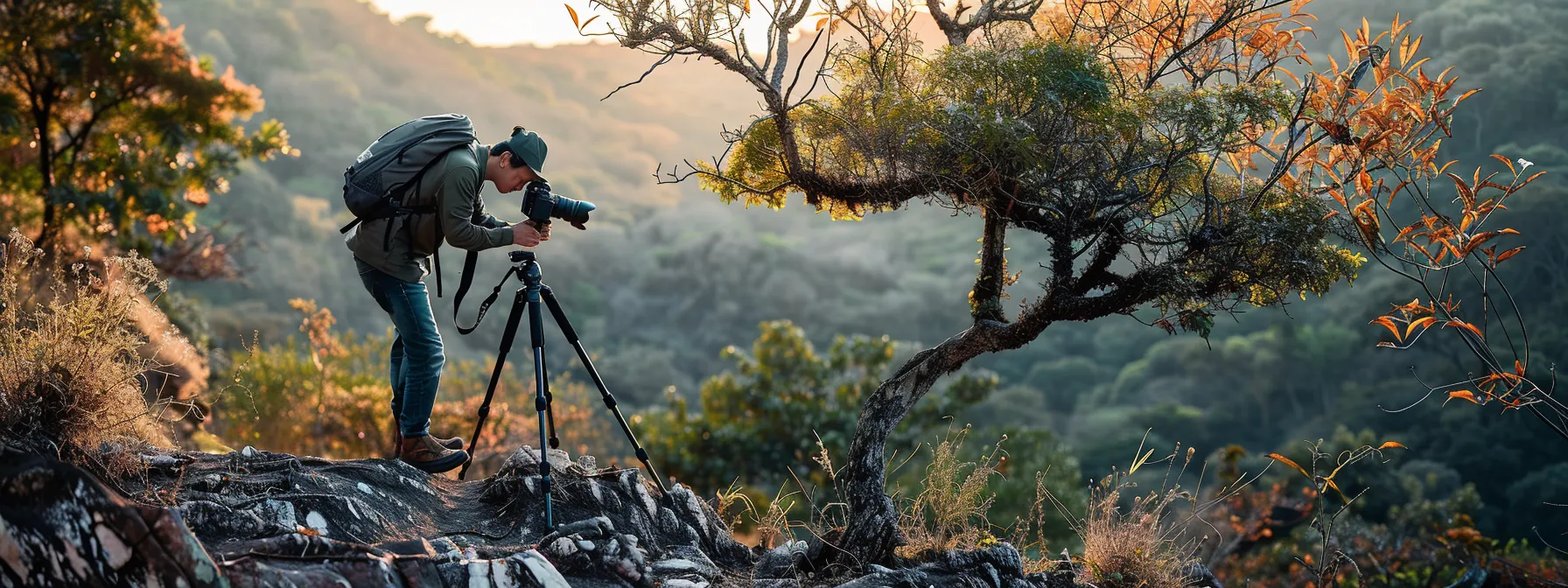 a photographer setting up a tripod on uneven ground with a tree in the background.
