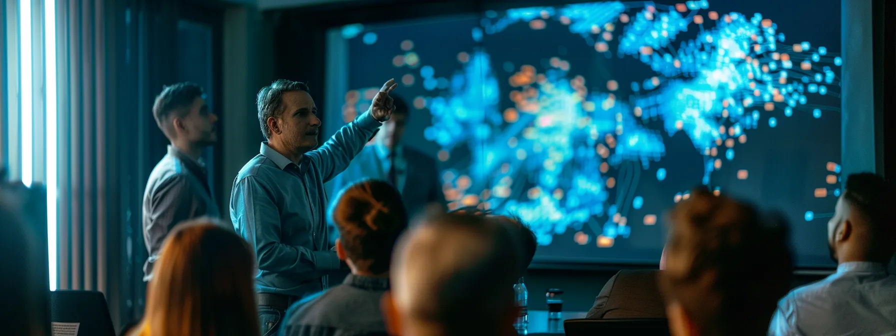 a group of individuals attending a cybersecurity training session, with a presenter pointing to a screen displaying examples of phishing tactics.