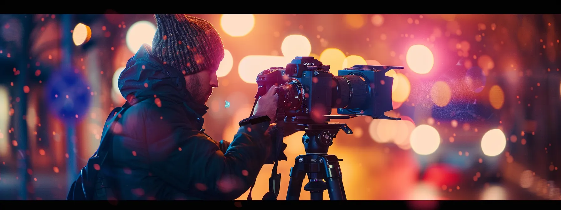 a photographer setting up a tripod with a heavy video camera attached.