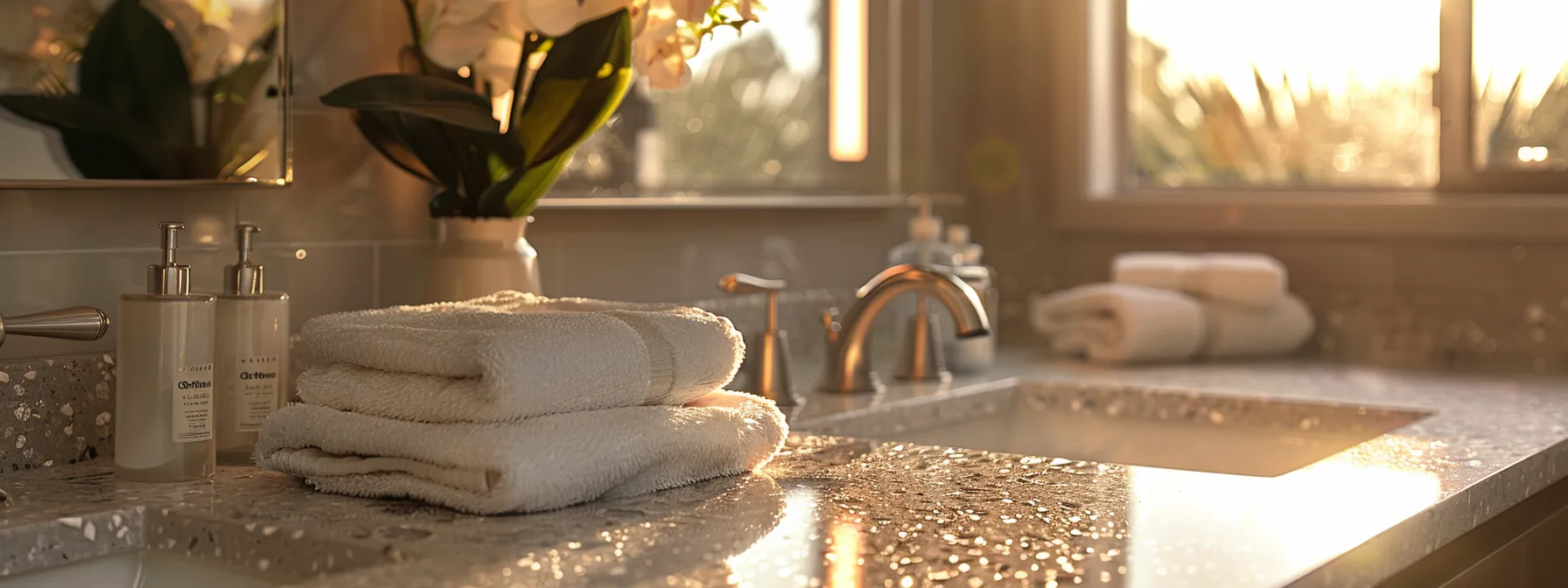 a sparkling, pristine bathroom with gleaming fixtures and fresh towels, showcasing the successful completion of a renovation project.