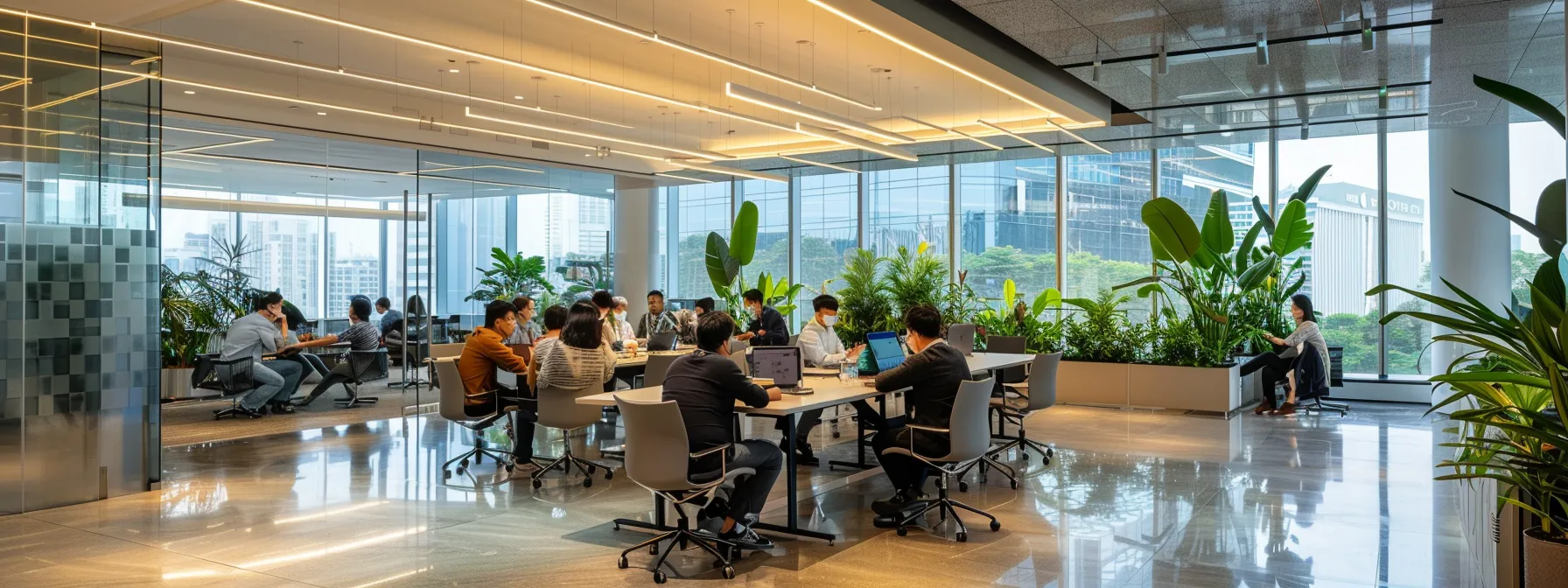 a modern office space featuring diverse professionals engaged in a collaborative brainstorming session around a sleek conference table, illuminated by soft natural light filtering through large windows, symbolizing strategic planning for enterprise seo implementation.