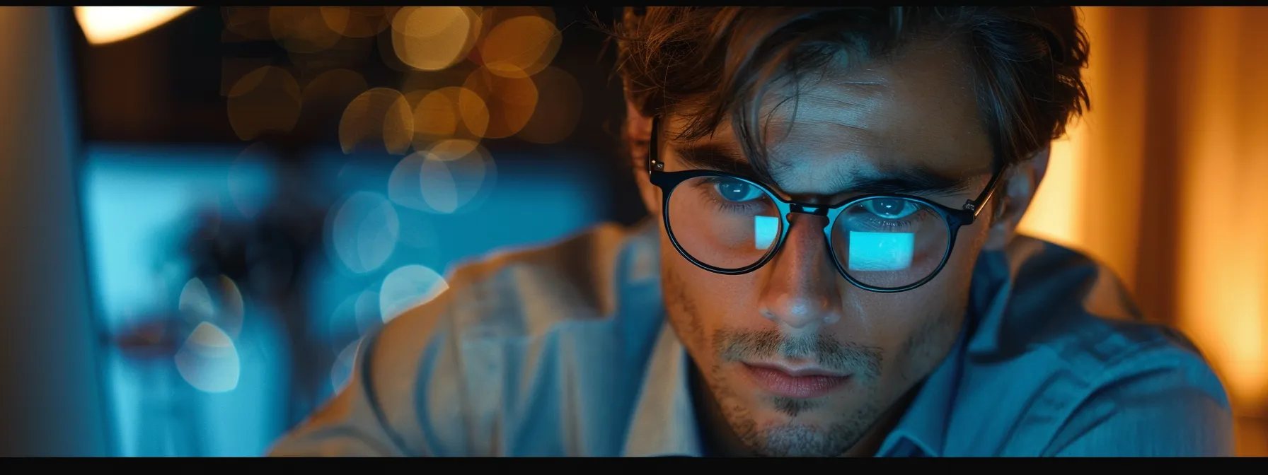 a professional in a sleek, modern office analyzing data on a computer screen with a confident expression.