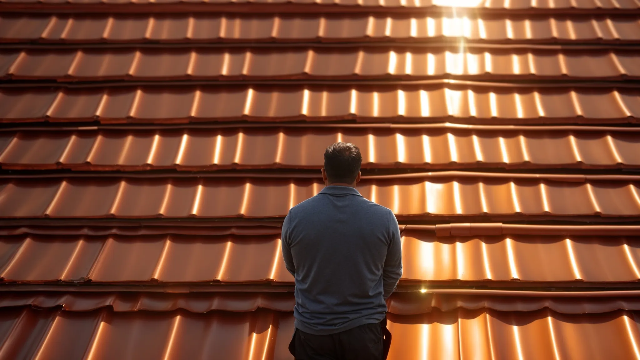 a professional roofing expert inspects a gleaming copper roof under soft, golden hour sunlight, showcasing the intricate details and textures while emphasizing the quality and elegance of metal roofing solutions.