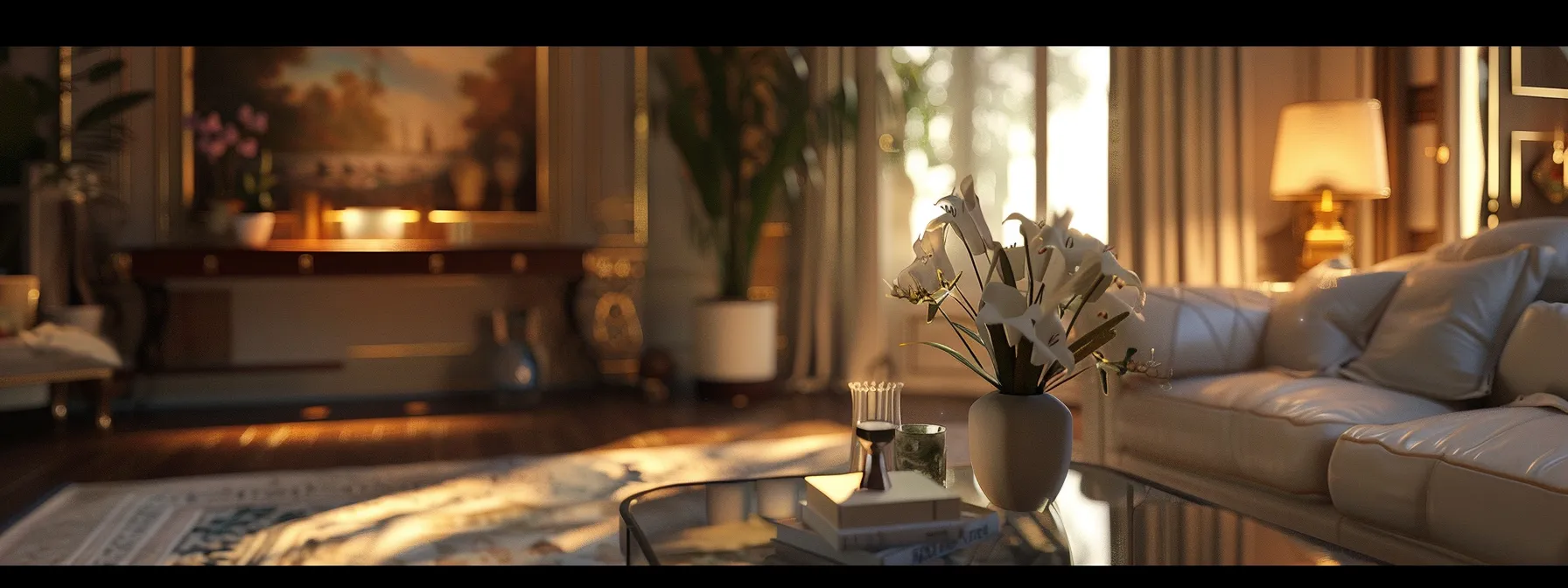 an elegant living room with smart lighting that changes to suit different moods and occasions.