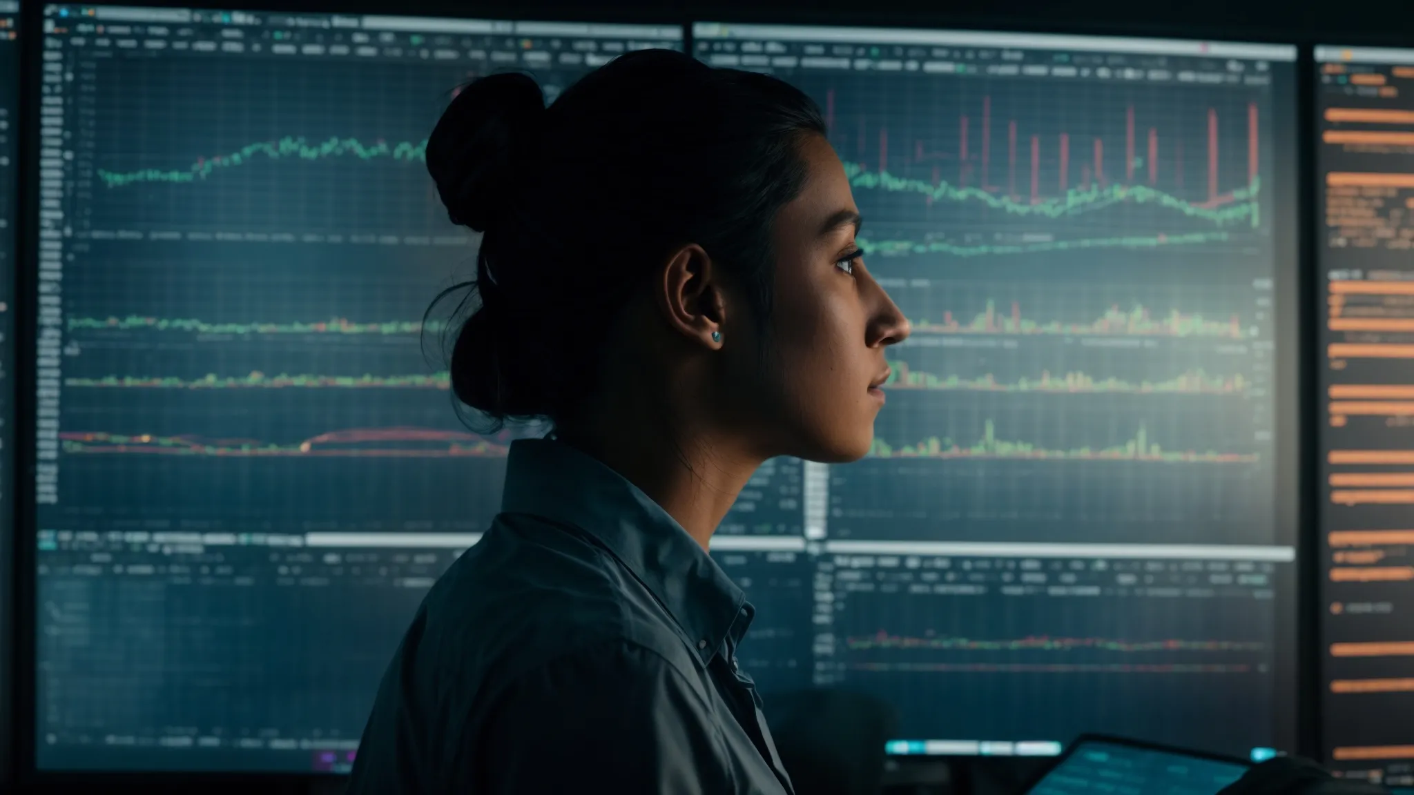 a data scientist scrutinizes complex charts on a large monitor, revealing hidden patterns in a vast sea of data.