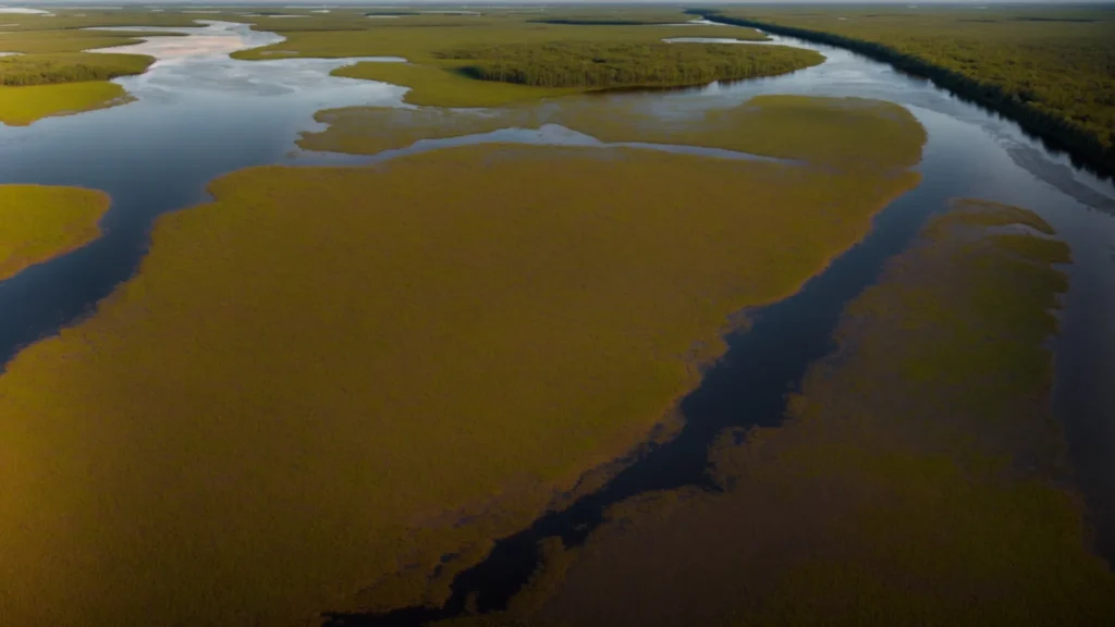 a panoramic view of the everglades at sunset, where the sky turns into vibrant colors above the sprawling marshlands.