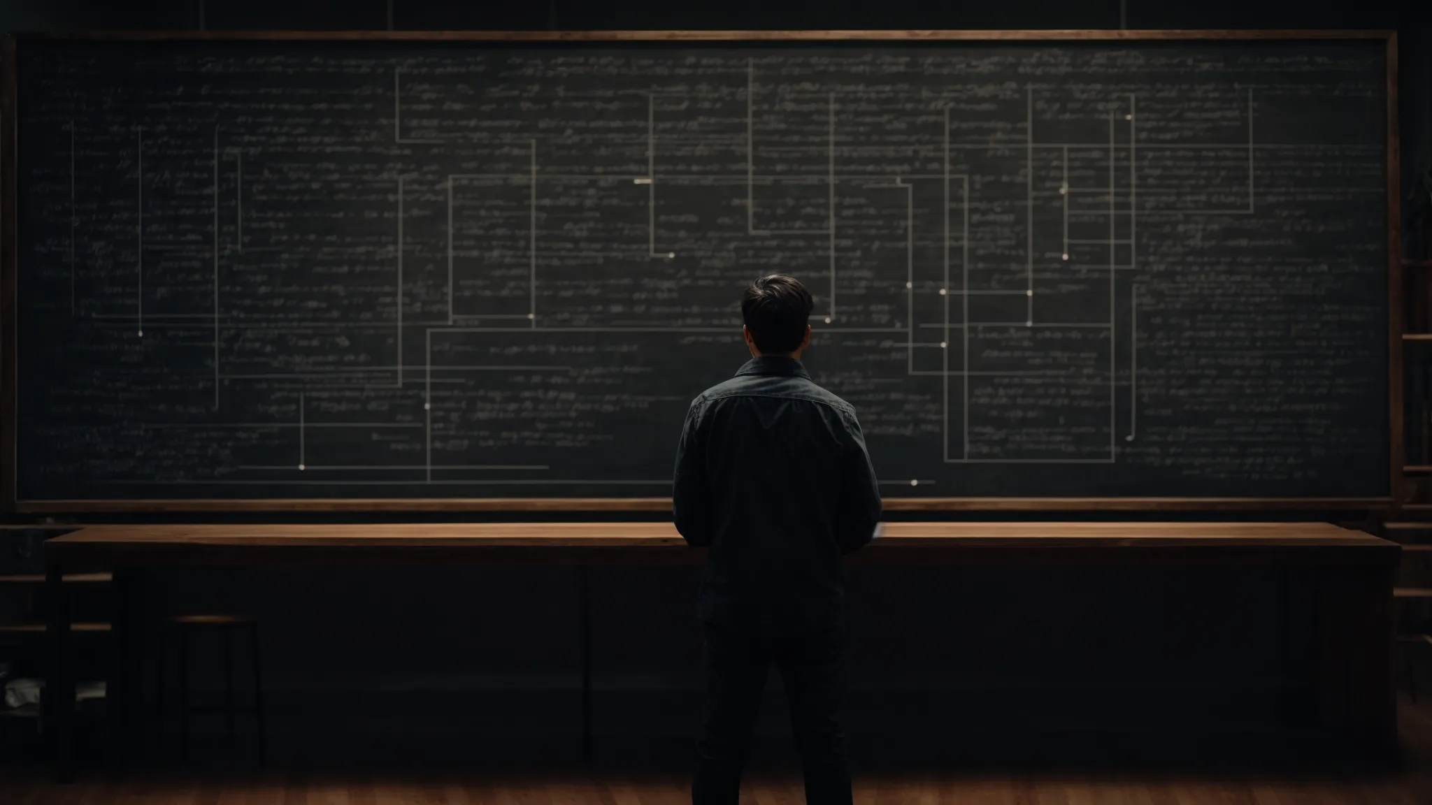 a person contemplates a large chalkboard filled with algorithm flowcharts and big o notation graphs.