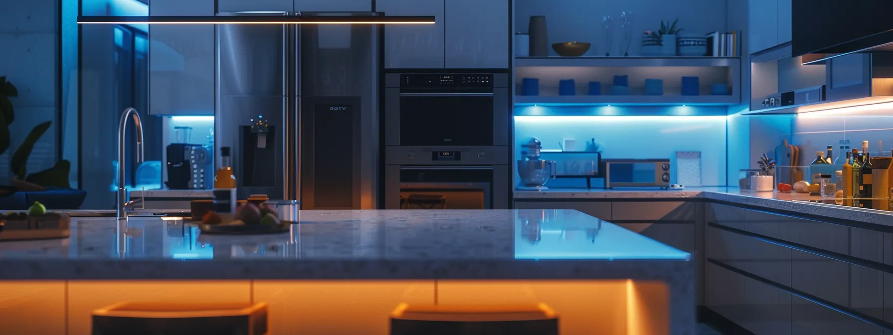 a modern, energy-efficient kitchen with sleek appliances and led lighting.