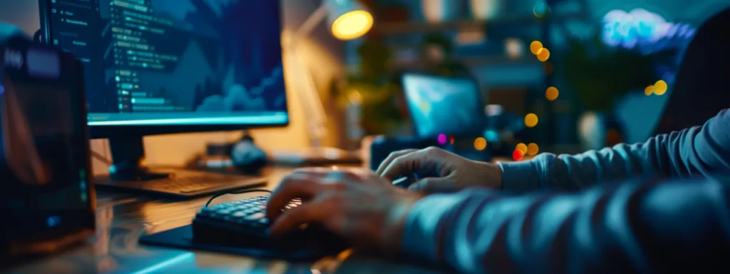 a person typing on a computer with a secure email login screen visible.