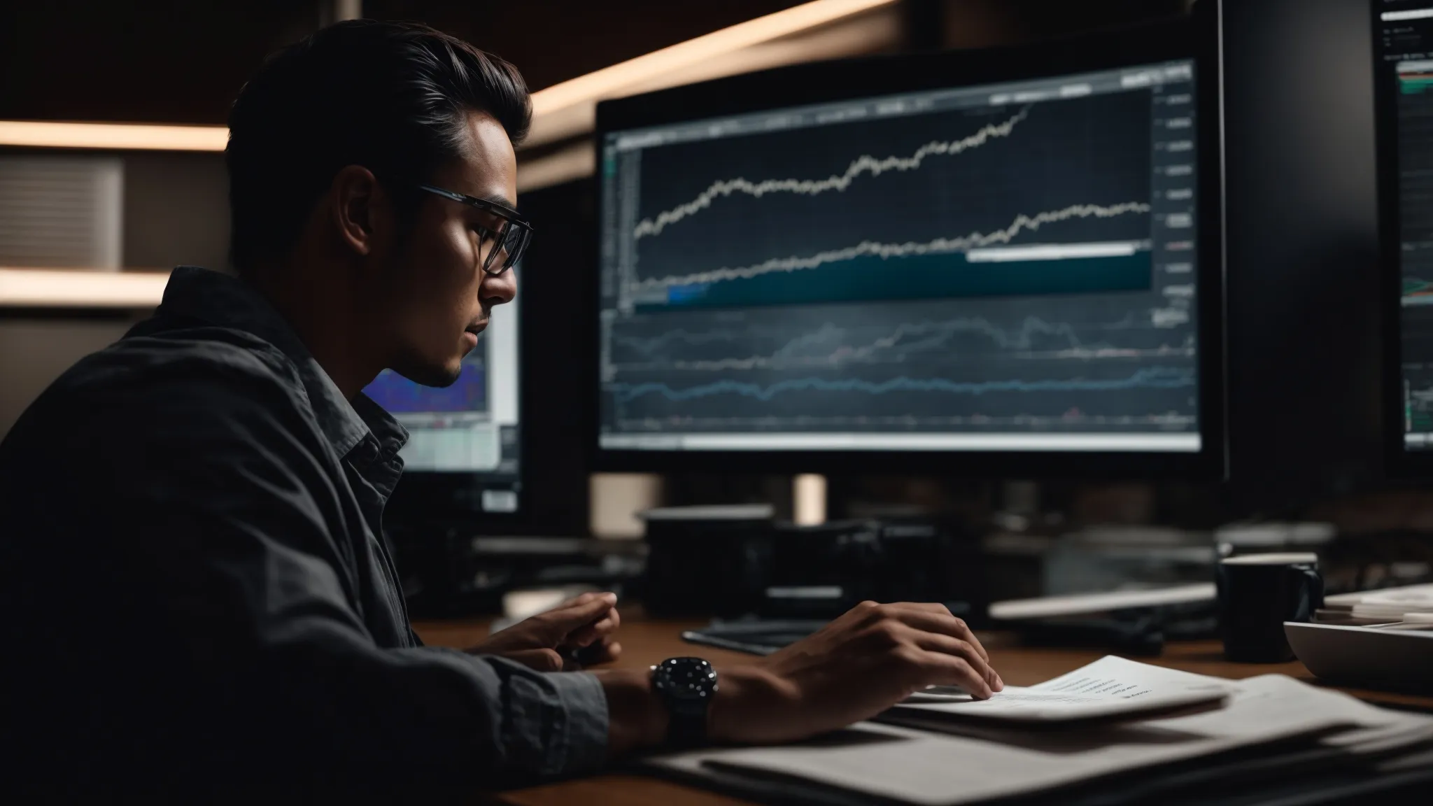 a person sitting at a desk with a computer, deeply focused on analyzing graphs and charts.