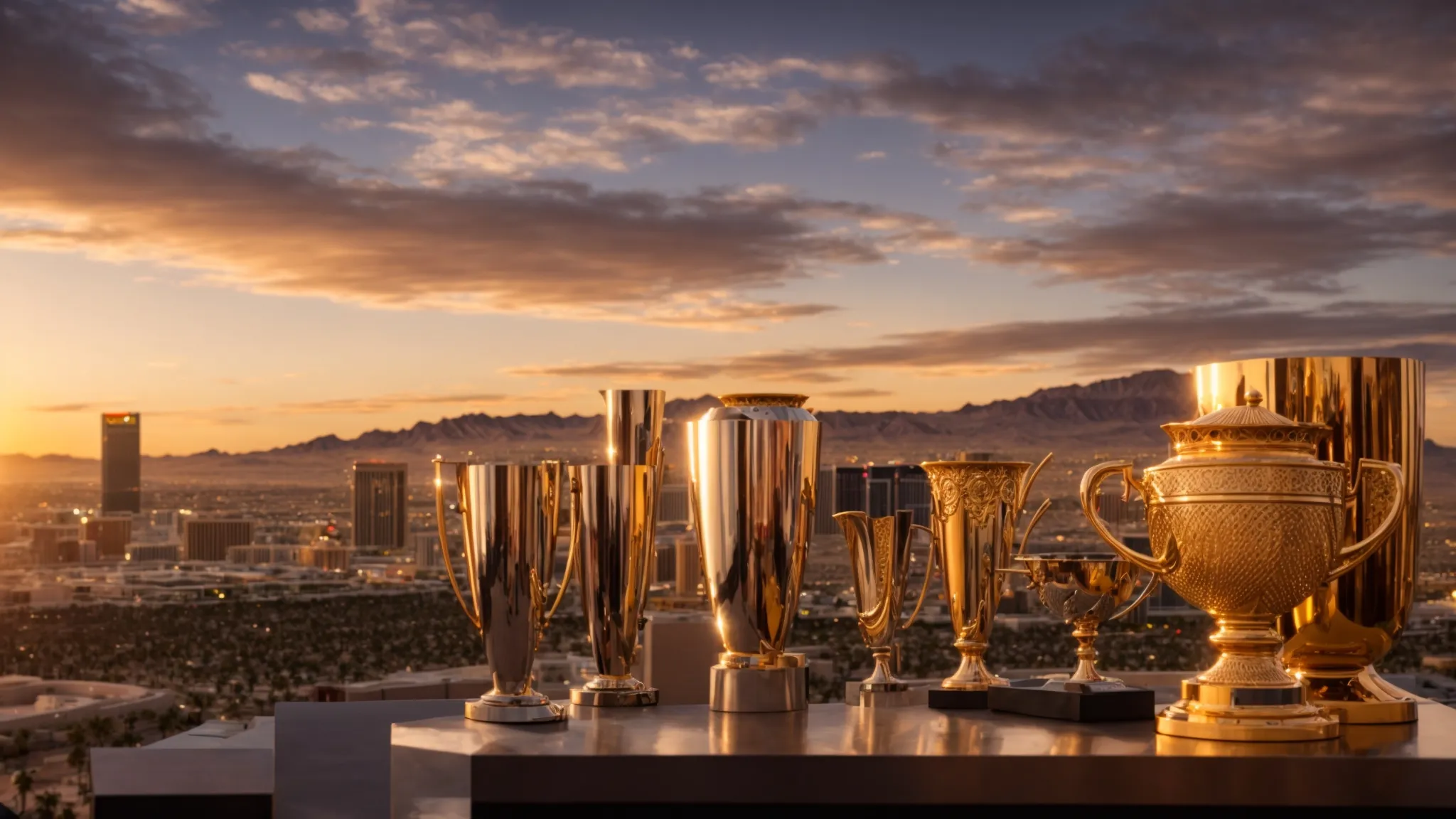 a prestigious scene displaying the shimmering trophies and awards of prestige roofing against a backdrop of a stunning sunrise over the las vegas skyline, symbolizing excellence in roof construction.