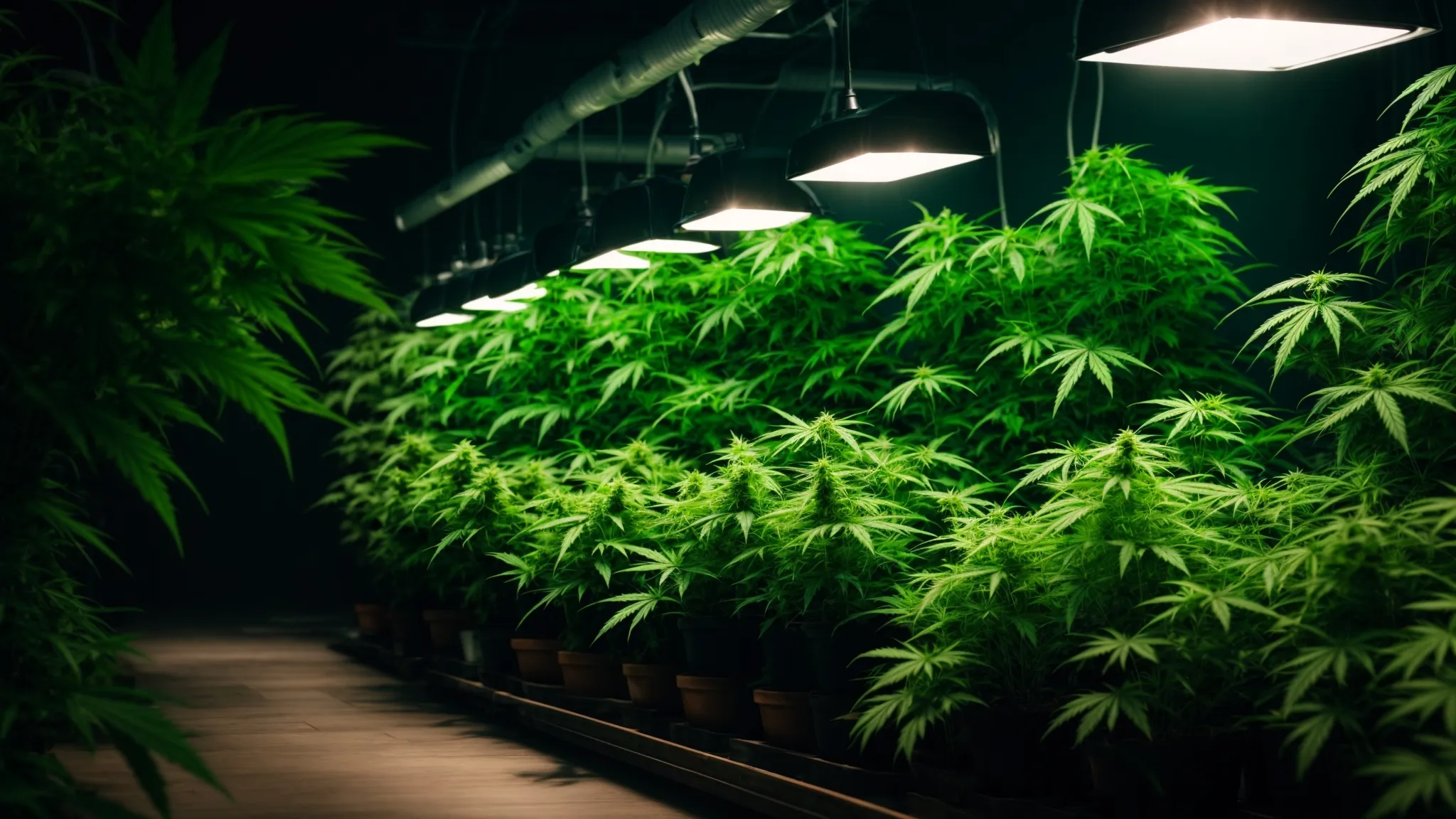 a row of lush, green cannabis plants basks under bright indoor grow lights.