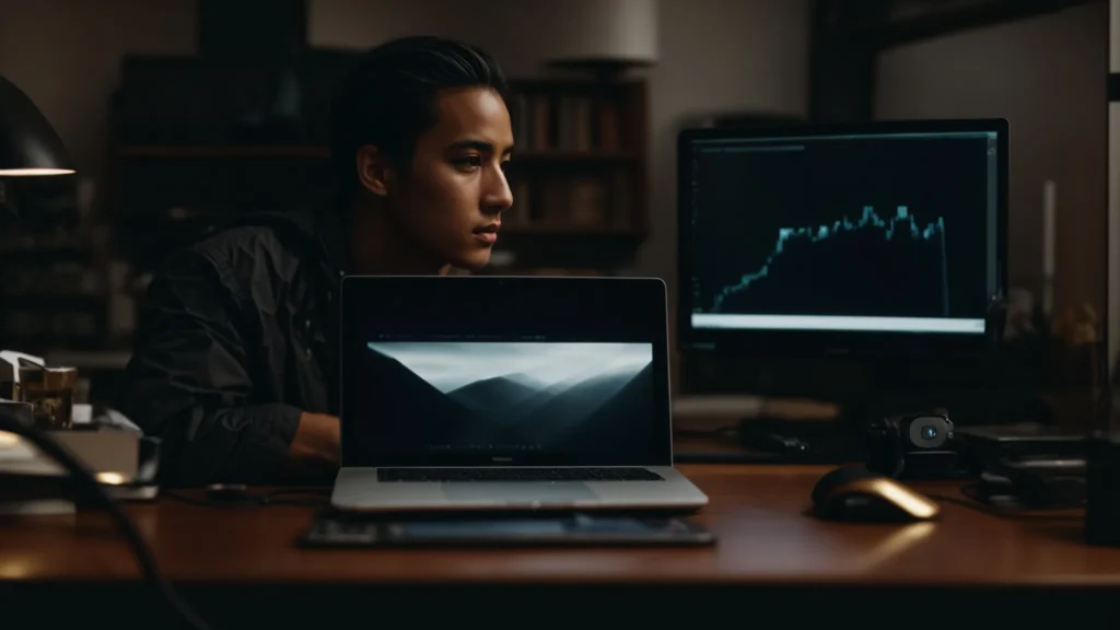 a serious person sitting in front of a computer screen with a look of concern.