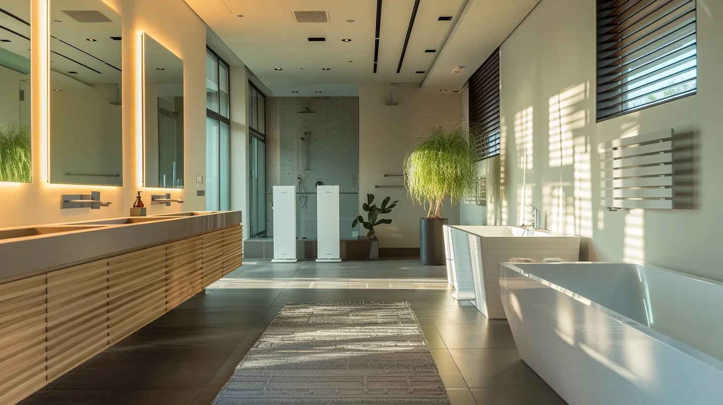 a sleek, modern bathroom showcases various types of ac vents—wall-mounted, ceiling-mounted, and floor vents—all seamlessly integrated into the design, highlighting their essential roles in maintaining optimal airflow and humidity control in a fresh, inviting atmosphere. a sleek, modern bathroom showcases various types of ac vents—wall-mounted, ceiling-mounted, and floor vents—all seamlessly integrated into the design, highlighting their essential roles in maintaining optimal airflow and humidity control in a fresh, inviting atmosphere.