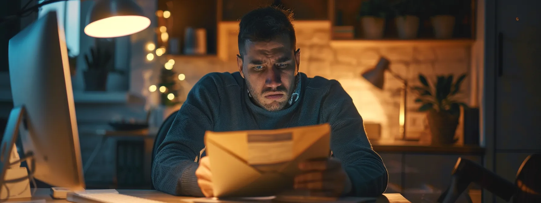 a person sitting at a computer looking puzzled while reading an email with a suspicious attachment.