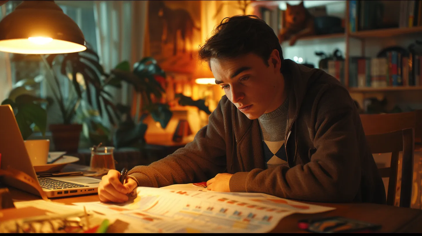 a thoughtful young man sits at a modern desk, deeply engrossed in analyzing a vibrant infographic about dog breeds and their vocalizations, with warm light illuminating his focused expression and a cozy, inviting atmosphere surrounding him.