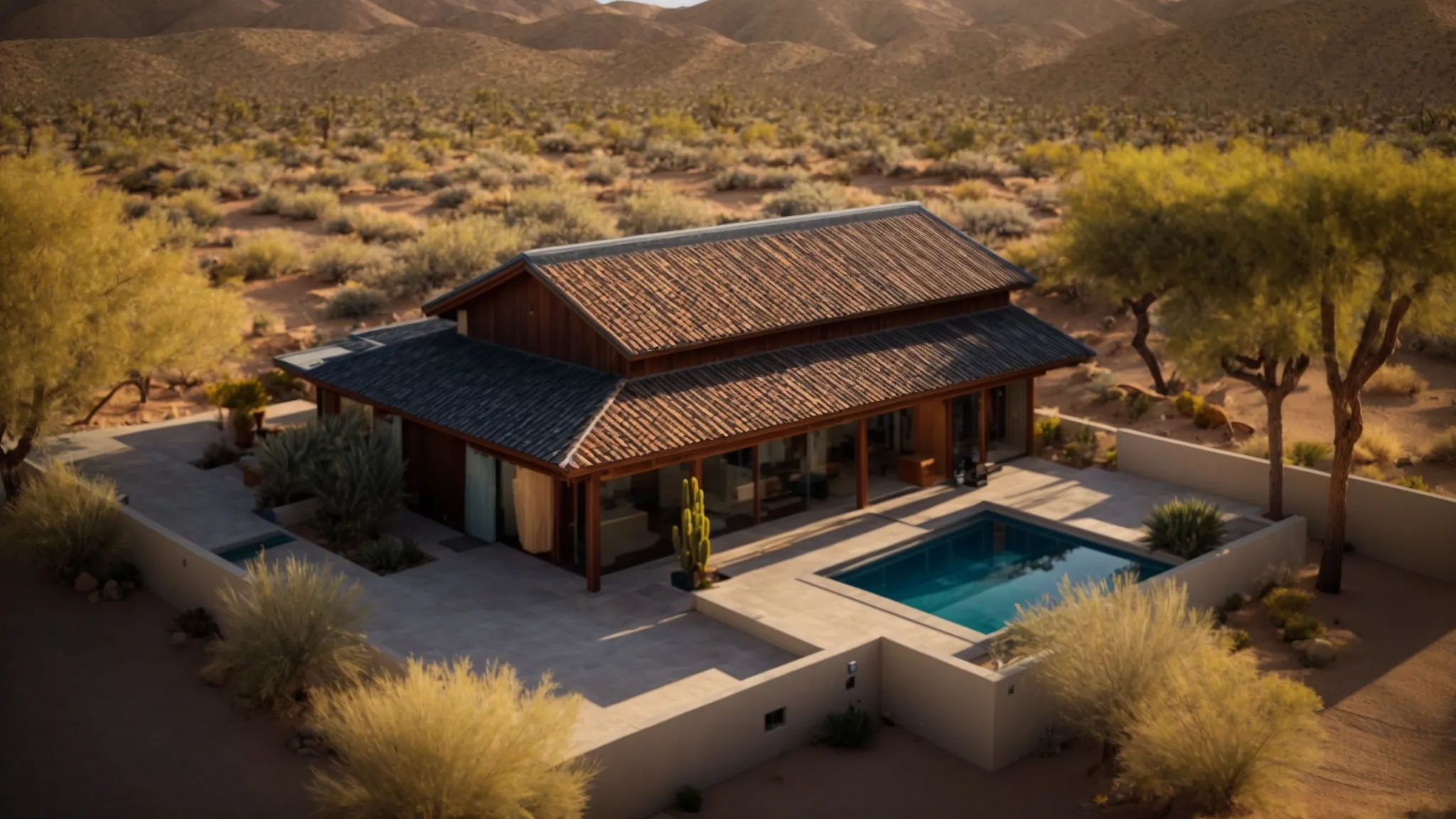 a striking overhead view of a well-maintained home showcasing a durable wood shingle roof amidst a backdrop of desert landscape, emphasizing its longevity and energy efficiency.