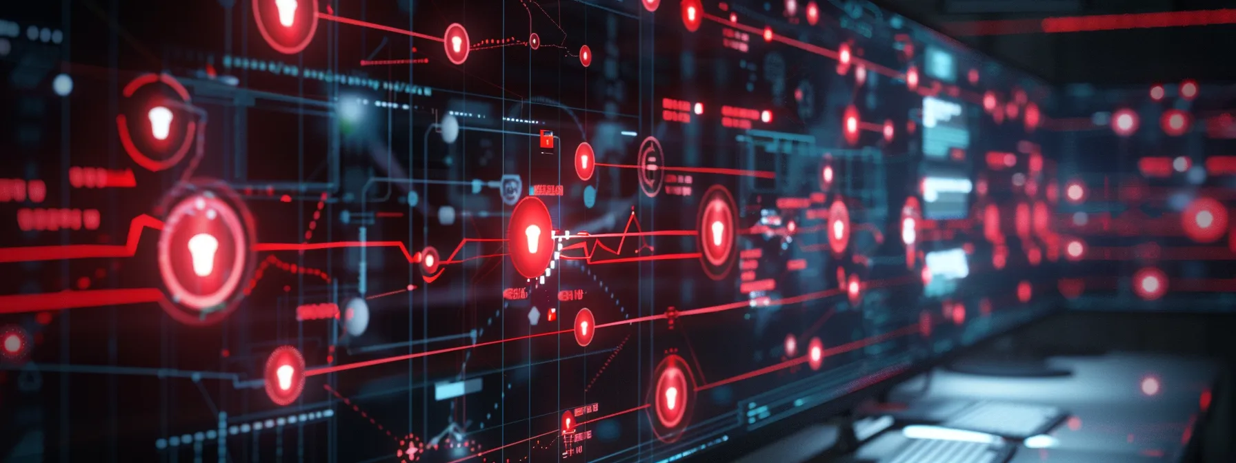 a computer screen displaying a network map with red flags highlighting potential phishing attempts.