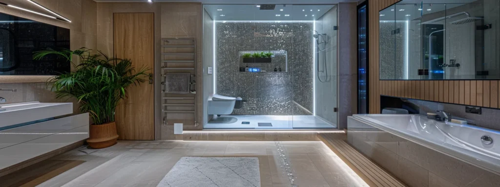 a sleek, modern bathroom with a sparkling glass shower enclosure surrounded by waterproof tile and fixtures.