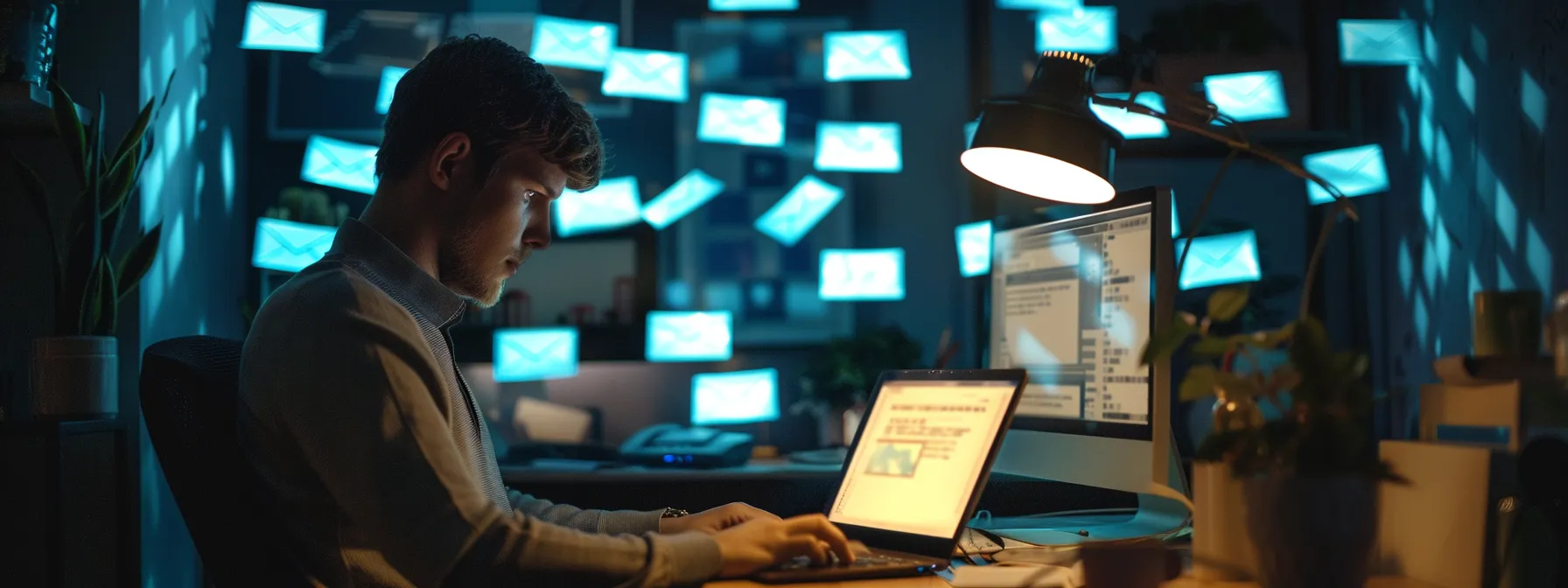 a person sitting at a computer with multiple pop-up windows displaying warnings about email security threats.
